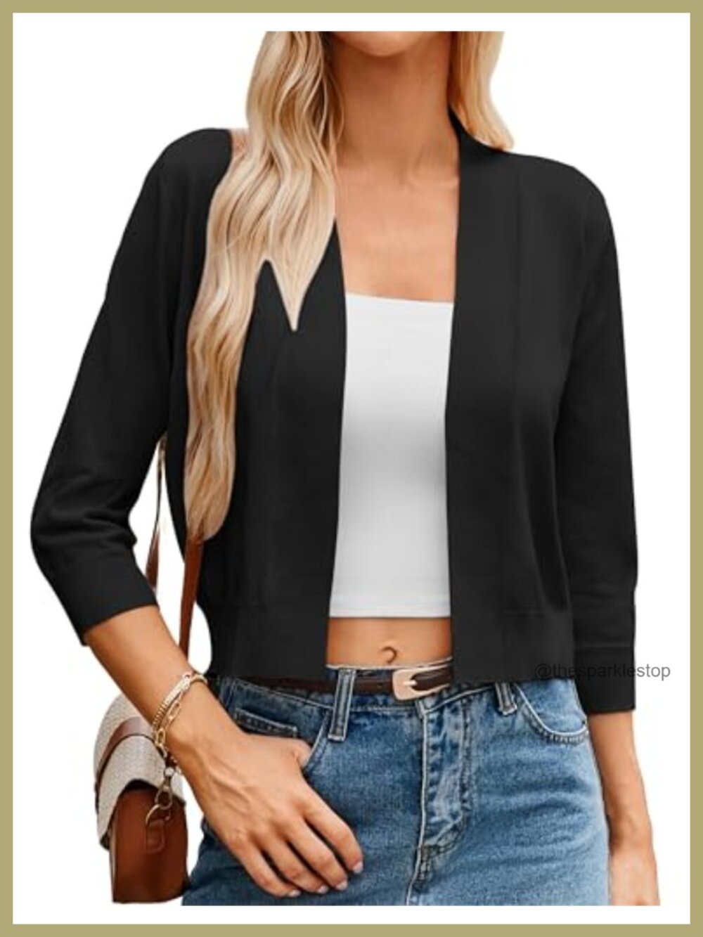 Lightweight Knit Cropped Cardigan 3/4 Sleeve Open Front Shrug Bolero